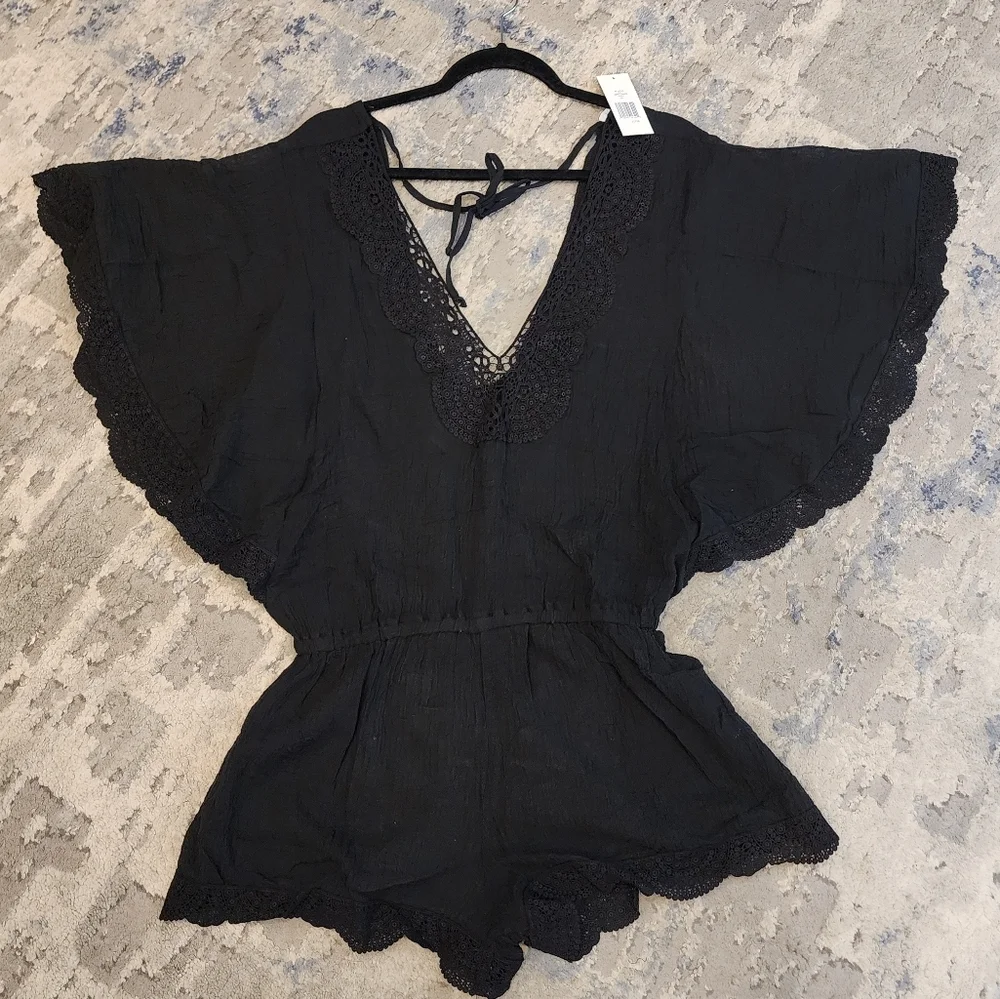 NWT Eberjey M/L Black Sol Liberty Lace‎ Trimmed Romper Swim Cover-Up Beachy